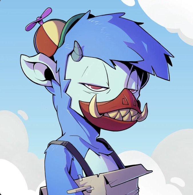 A blue, horned goat-like character wearing a propeller beanie and overalls grins menacingly with large tusks against a cloudy sky background, embodying the playful mascot aesthetic of the Goats of Solana project.