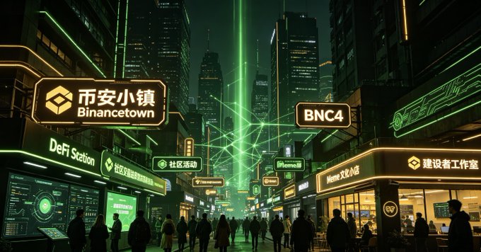 A futuristic, cyberpunk-style cityscape at night featuring prominent green neon signs, including one reading '币安小镇 Binancetown' alongside a Bitcoin logo, and other signs like 'DeFi Station' and 'BNC4'.