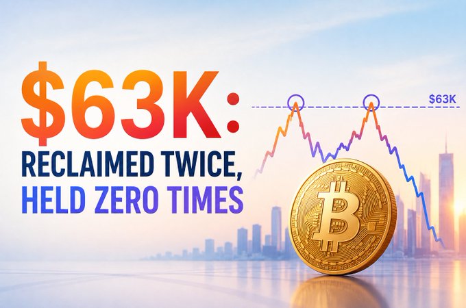 A promotional graphic features a gold Bitcoin coin against a city skyline backdrop, with bold text reading '$63K: RECLAIMED TWICE, HELD ZERO TIMES' next to a jagged stock-style chart showing price touching the $63K line.