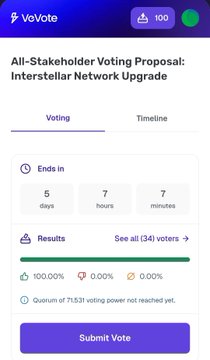 The image shows a VeVote (VeChain governance platform) screen displaying the "All-Stakeholder Voting Proposal: Interstellar Network Upgrade" with 100,068 votes in favor, 0.00% against, and 0.00% abstain out of 34 voters, as referenced in the post about casting a yes vote to upgrade $VET's blockchain.