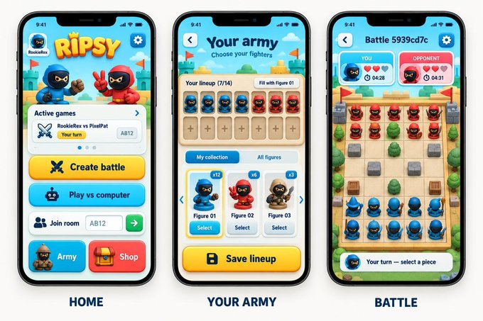 Three screens of a mobile strategy game called "RiPSY" show the Home, Your Army, and Battle screens featuring ninja-style characters.