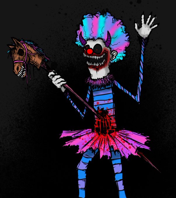 A creepy clown illustration with blue hair, a red nose, sharp teeth, and blue striped body, holding a horse head on a stick and waving against a black background.