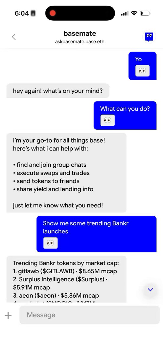 The image shows a screenshot of a cell phone conversation, where a user is talking about their new skill in a game called Basemate. The conversation contains text that says "Base MCP Skills", which appears to be a reference to the game. The content of the message also refers to a messaging app and mentions integrating bankr & morpho skills into @basemateagent, indicating how the game is being used for practice. In addition to this, there are some suggestions about showing certain trends in the game. This indicates that the user might be sharing their experience with others or looking for tips on improving their gameplay.