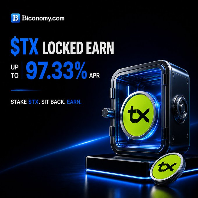 A Biconomy.com promotional graphic for "$TX Locked Earn" featuring a futuristic vault/safe displaying green "$TX" coins, advertising up to 97.33% APR with the tagline "Stake $TX. Sit Back. Earn." The visual reinforces the post's message about the new locked staking products on Biconomy Earn by depicting $TX coins securely stored in a high-tech safe, symbolizing passive earnings without market monitoring.