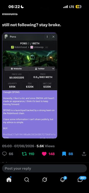 A mobile screenshot of a crypto post on X (formerly Twitter) with the caption "still not following? stay broke," featuring details about the token SPONS on the Robinhood chain with a market cap of $320K and a contract address shown.