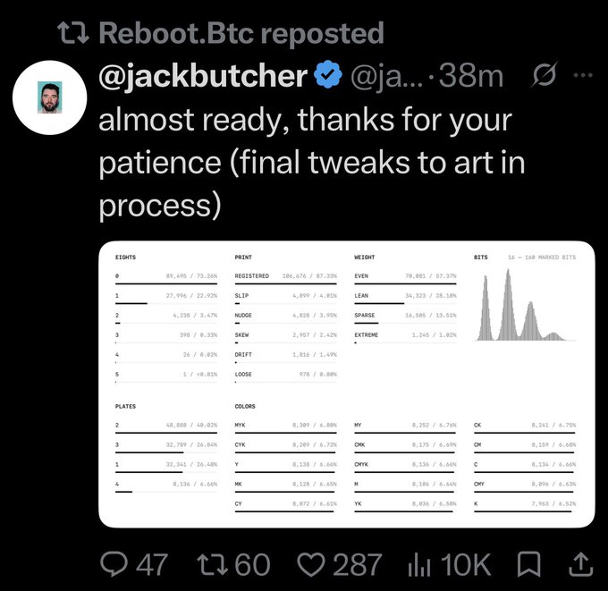 A reposted X post by @jackbutcher showing a detailed infographic of Bitcoin inscription data, with the message 'almost ready, thanks for your patience (final tweaks to art in process).'