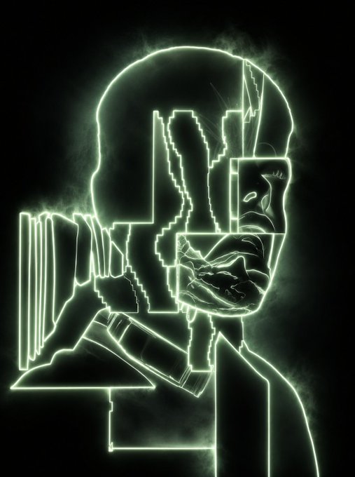 A neon green glowing line-art illustration of a stylized head or skull with jagged geometric features and smoke effects against a black background.