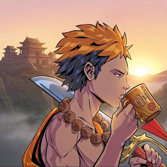 An anime-style digital illustration shows a warrior with orange and black hair drinking from a golden mug marked with the 'GM' crypto symbol, with a sword on his back and an Asian temple in the sunset background.