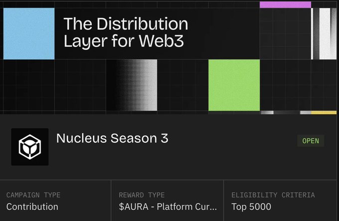 A dark-themed Web3 platform interface titled 'The Distribution Layer for Web3' showing 'Nucleus Season 3' campaign with $AURA rewards for the top 5000 contributors.