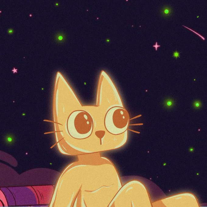 An illustrated orange cat with large eyes looks up at a starry night sky filled with green and pink stars and a shooting star.