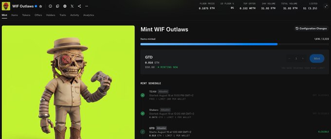 A webpage screenshot for 'WIF Outlaws' showing a 3D skeleton cowboy NFT character with a red X eye on a green background, alongside a minting interface with stats like floor price and items minted at 1698/2222.