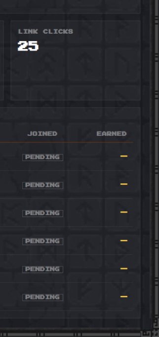A pixelated UI screenshot shows a "LINK CLICKS" counter at 25, with a table below displaying six referrals all marked as "PENDING" under the "JOINED" column and dash marks under "EARNED." This illustrates the poster's example of pending referral statuses, confirming that they appear as expected and are not a bug.