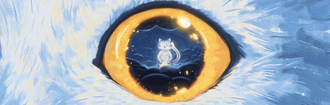 A close-up illustration of a glowing golden cat's eye with a small cat figure reflected in its dark pupil, surrounded by icy blue fur. The image creatively visualizes the "$Mooncat" meme referenced in the caption, with the feline reflection symbolizing the "Moondo" character bringing his "A-game."