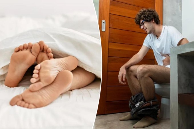 A split image showing a close-up of two bare feet on a white bed sheet on the left, and a man wearing glasses sitting on a toilet clutching his stomach in pain on the right, illustrating digestive issues.