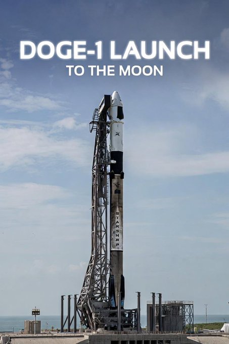 A SpaceX Falcon 9 rocket stands on a launch pad beneath text reading 'DOGE-1 LAUNCH TO THE MOON', with 'SPACEX' visible on the booster.