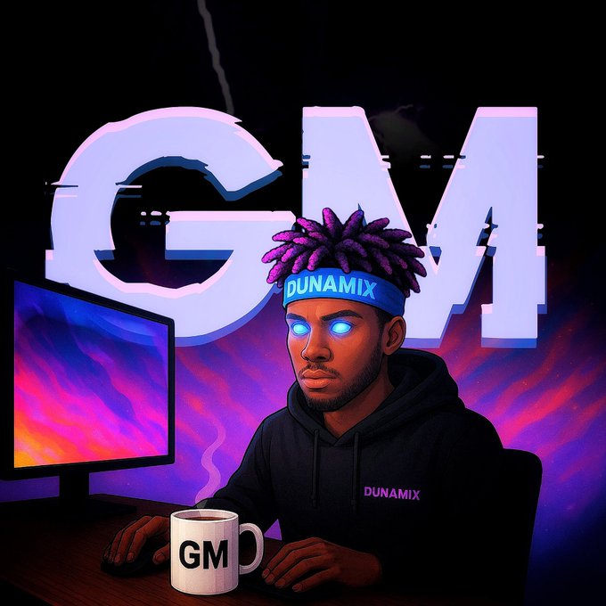 A digital illustration features a man with glowing blue eyes and purple dreadlocks wearing a 'DUNAMIX' headband and hoodie, seated at a computer with a 'GM' mug, with a large 'GM' logo in the background.