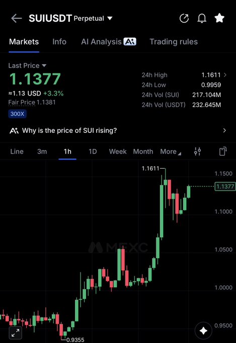 The image shows a candlestick chart of the SUI/USDT perpetual trading pair on what appears to be the MEXC exchange, displaying SUI trading at $1.1377 with a 3.3% gain. The 1-hour chart reveals a strong upward momentum, with the price rallying from a low of ~$0.9355 to a 24-hour high of $1.1611, supporting the post's claim that "$SUI just started showing" signs of a bullish breakout.