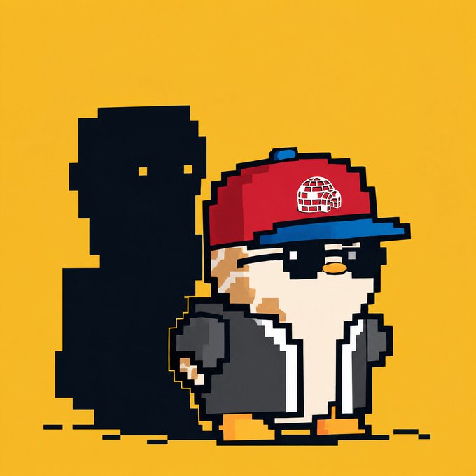 A pixel-art style illustration on a yellow background showing a character wearing a red cap with an igloo logo, standing next to a shadowy figure.