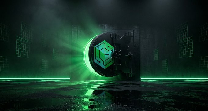 A glowing green safe with a geometric cube emblem sits in a dark, futuristic space with neon accents, symbolizing secure and transparent treasury practices—fitting the post's emphasis on cswap.trade paying stakers of $CSWAP 100% of platform fees in ADA rather than inflating its own supply.