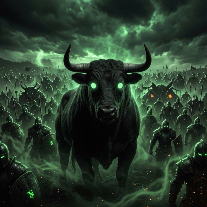 A dark fantasy scene featuring a massive black bull with glowing green eyes standing before an army of armored knights under a stormy green sky.