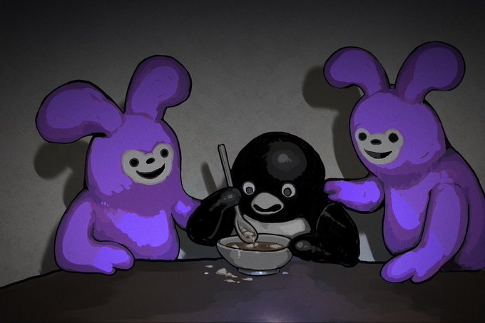 Two purple bunny-like characters flank a small black penguin-like figure as they sit around a bowl of food in a dimly lit room, with the penguin appearing to enjoy its meal with a spoon while the purple companions watch contentedly—creating a wholesome, cozy scene that perfectly embodies the relaxed, carefree vibe of the "Chill guy" meme.