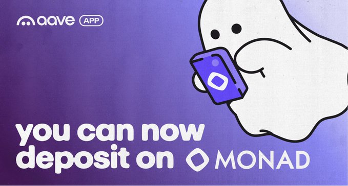 Promotional graphic for the Aave app announcing “you can now deposit on MONAD,” with the Aave and Monad logos and a cartoon character holding a phone. It supports the post’s news that USDC and USDT deposits on Monad are live, with early access via Ghost Pass code “GMONAD.”