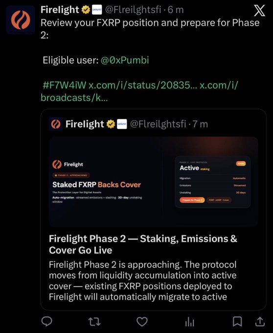 A screenshot of an X post from 'Firelight @Flreilghtsfi' reading 'Review your FXRp position and prepare for Phase 2: Eligible user: @0xPumbi', referencing 'Firelight Phase 2 — Staking, Emissions & Cover Go Live.'