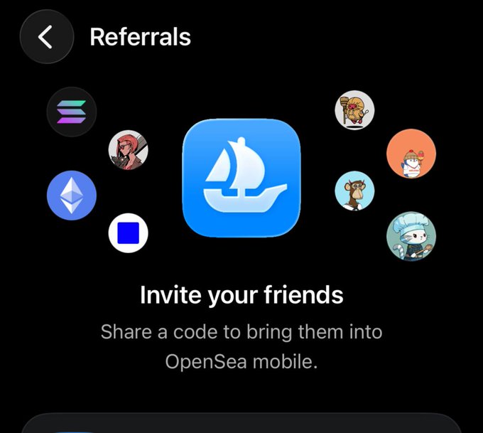A phone screen displays an invite code to the OpenSea mobile app, specifically directed towards users who want an invite code to their friends. The image features a group of cartoon characters, including a pirate ship, surrounded by blue ocean-related elements such as waves and clouds. This invites users to connect with their friends by sharing the invite code directly onto the app for use in joining or inviting their friends into the OpenSea mobile app.