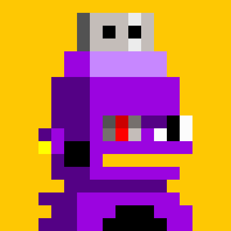 A pixel art illustration of a purple robotic figure with a gray and white head, set against a solid yellow background.