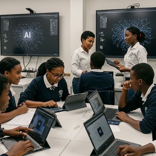 Students collaborate with laptops in a tech-focused classroom featuring large screens displaying "AI" graphics and code, illustrating the digital learning environment of the @fluxzone001 Web3 Bootcamp Cohort 3.