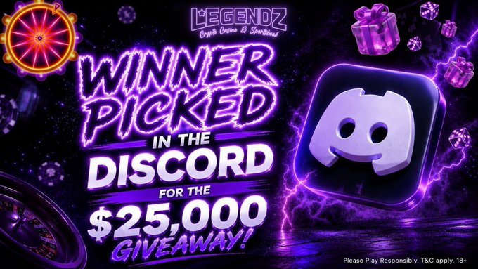 The image features a poster for a casino game called "Winner Picked" with a purple background, a white square that says "Winner Picked", and a black square with a white face. The text below the poster announces a $25,000 giveaway for those who participate in the game on Discord.