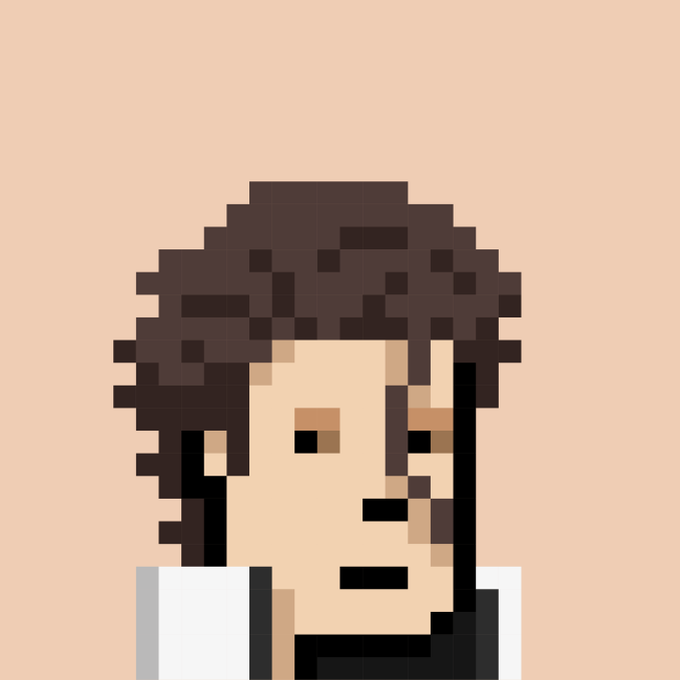 Pixel art portrait of a curly-haired figure wearing glasses against a peach background.