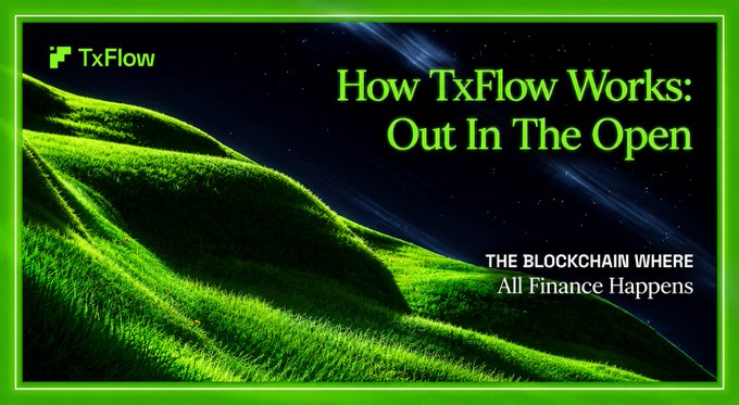 A promotional banner for TxFlow with green grassy hills against a starry night sky, reading 'How TxFlow Works: Out In The Open' and 'THE BLOCKCHAIN WHERE All Finance Happens'.