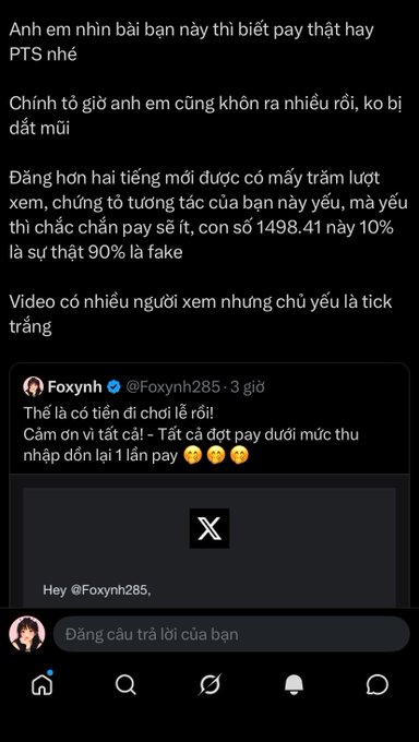 A Vietnamese-language social media post discussing a betting channel, mentioning Foxynh285, real vs. fake payouts, and predictions including '1498.41 nay 10% là sự thật 90% là fake'.