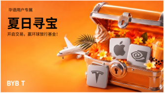 The image is a promotional graphic for Bybit's "夏日寻宝" (Summer Treasure Hunt) campaign, featuring a treasure chest filled with gold coins, an airplane, and icons representing Apple, NVIDIA, and Tesla, with text promoting new contract listings and global stock trading. It relates to the post by highlighting Bybit's expanding stock contract offerings across multiple markets, including tech companies like Tesla and Apple.