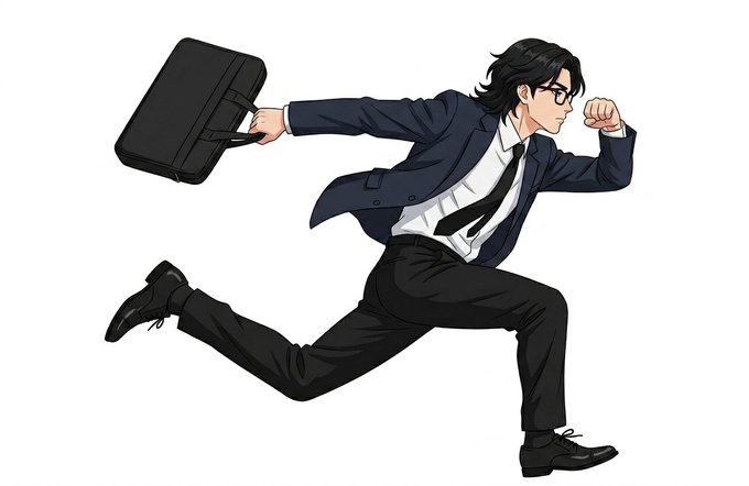 An anime-style businessman in a suit sprints forward while clutching a briefcase, capturing the energetic "gm frens" morning grind mindset. The dynamic pose and business attire convey motivation and hustle, perfectly matching the upbeat rally message.