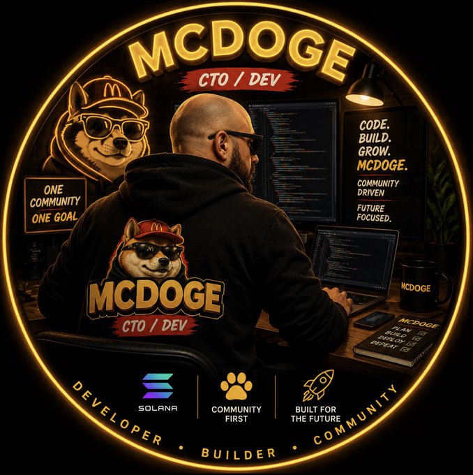 A circular branded emblem features "MCDOGE" with a developer/CTO wearing a black hoodie emblazoned with the MCDOGE logo at his coding workstation, alongside pillars reading "SOLANA," "COMMUNITY FIRST," and "BUILT FOR THE FUTURE," framed by "DEVELOPER • BUILDER • COMMUNITY." The imagery ties to the post by showcasing the project's community-driven, developer-focused branding ahead of their 30-minute Telegram Q&A session, visually reinforcing the message of transparency and holder respect.
