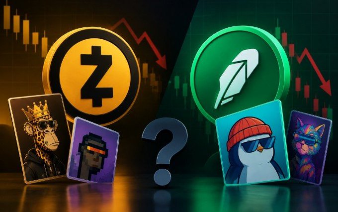 A graphic comparing two cryptocurrency coins—a gold Zcash (Z) coin on the left and a green STX coin on the right—against downward-trending price charts, with NFT character cards and a question mark between them.