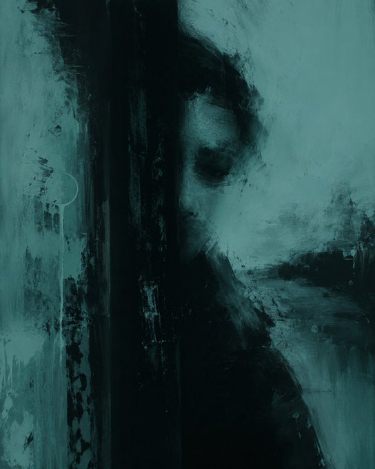 A moody, dark teal and black abstract painting depicting a shadowy, ghostly face emerging from the textured brushstrokes.
