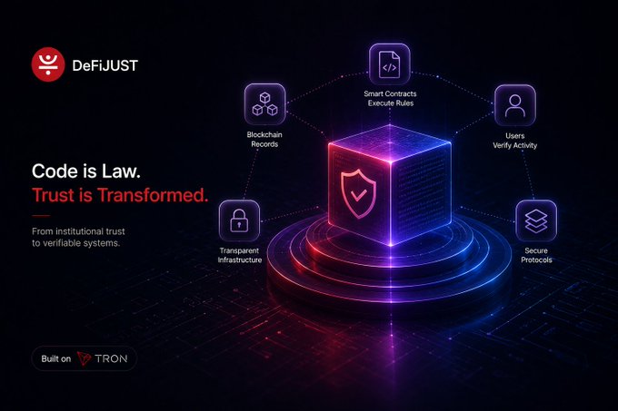 A promotional graphic for DeFiJUST with the tagline 'Code is Law. Trust is Transformed,' highlighting a blockchain cube with features like Smart Contracts, Blockchain Records, Transparent Infrastructure, Users Verify Activity, and Secure Protocols, built on Tron.