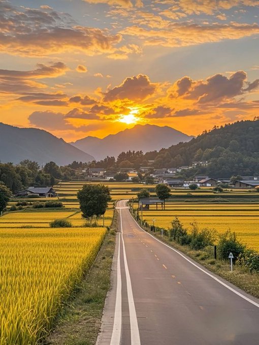 The image presents a serene rural scene at sunset, with a large yellow field stretching out alongside an empty road. The sky is filled with beautiful orange and yellow hues as the sun sets over the horizon. The calm atmosphere and warm colors create a peaceful, picturesque setting that appears to be perfect for farming or leisurely country drives.