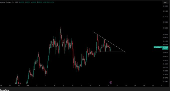 The image shows a stock market graph with a downward sloping trendline, an upward sloping trendline, and a triangular upside down shape on the graph above the horizontal line. The text says "WLD / $USD - Update Break this descending triangle and we are good for hard pumps."