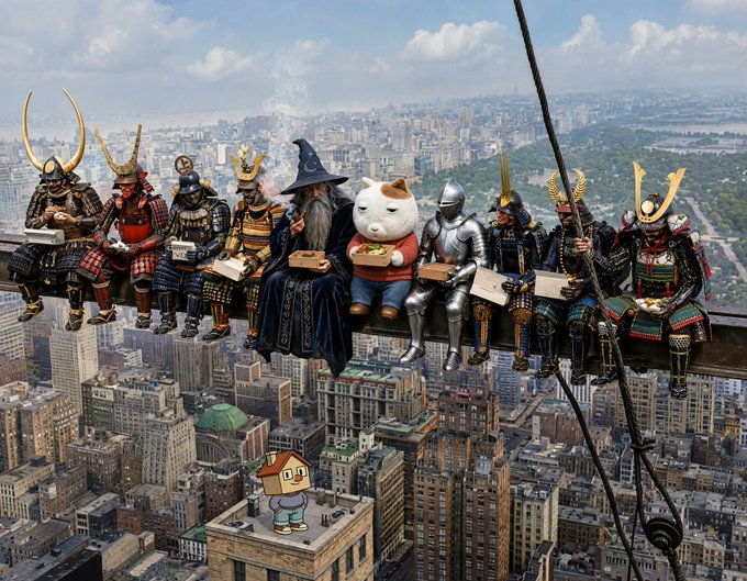 Sam the cat eats pizza alongside samurai and Gandalf on a steel beam high above a city skyline, while a small cartoon figure waves from a rooftop below. The surreal lunch break echoes the post's playful "See you higher, twin" message about rising above in the $KET world order.