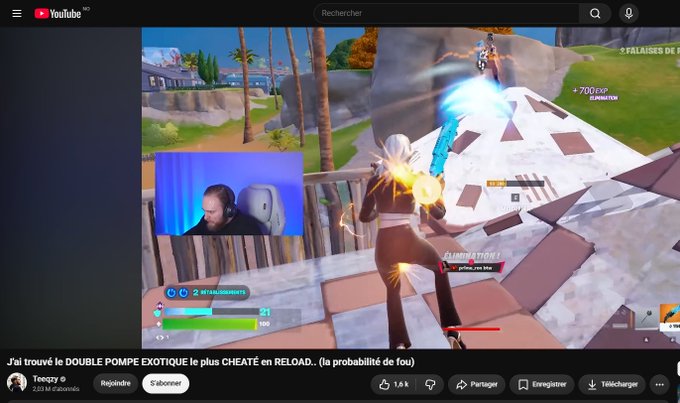A YouTube thumbnail shows a Fortnite gameplay clip by streamer "Teeqzy" titled "J'ai trouvé le DOUBLE POMPE EXOTIQUE le plus CHEATÉ en RELOAD.. (la probabilité de fou)", featuring him in a webcam overlay while aiming a glowing blue weapon at an opponent on a ramp structure, with 1.8K likes visible on the video.