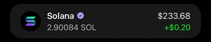 A digital wallet interface displays a Solana (SOL) balance of 2.90084 SOL valued at $233.68, showing an increase of +$0.20.
