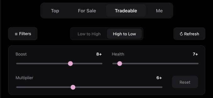 A dark-themed app interface with tabs for 'Top', 'For Sale', 'Tradeable', and 'Me', showing filter sliders for 'Boost', 'Health', and 'Multiplier' with a Reset button.