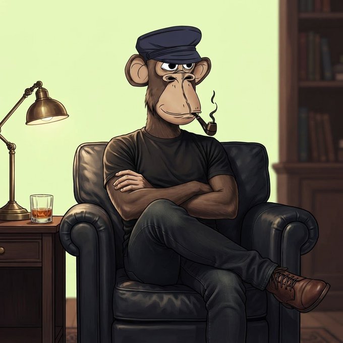 A cartoon illustration of a chimpanzee wearing a navy cap, black t-shirt, and jeans, sitting in a leather armchair smoking a pipe next to a lamp and a glass of whiskey.