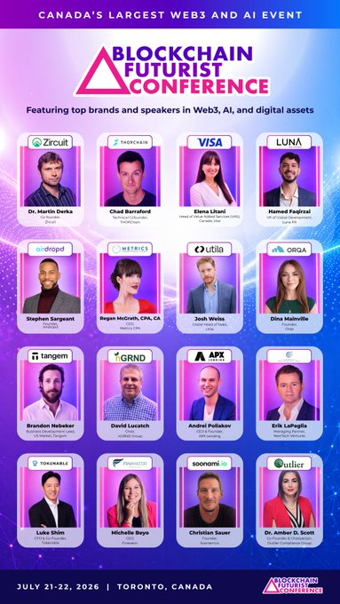 Promotional poster for the Blockchain Futurist Conference, billed as Canada's Largest Web3 and AI Event, featuring speakers from Zircuit, THORChain, VISA, LUNA, airdrop, Metriq, Utila, ORGA, Tangem, GRND, APX, and other companies, taking place July 21-22, 2026 in Toronto, Canada.
