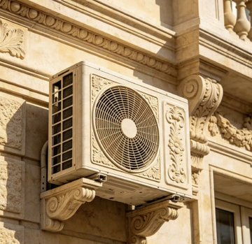 A modern air conditioning unit is humorously mounted on an ornate building façade featuring classical Baroque-style carvings and decorative stonework, illustrating the witty suggestion that manufacturers should produce Baroque and Gothic-style AC units specifically for European markets.