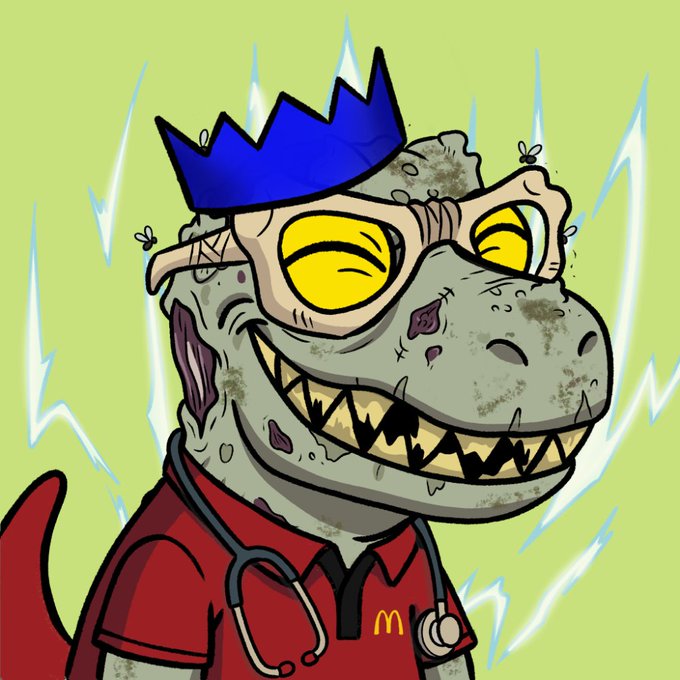 A cartoon illustration of a zombie-like dinosaur wearing a McDonald's uniform with a stethoscope, sunglasses, and a blue crown, surrounded by lightning bolts.